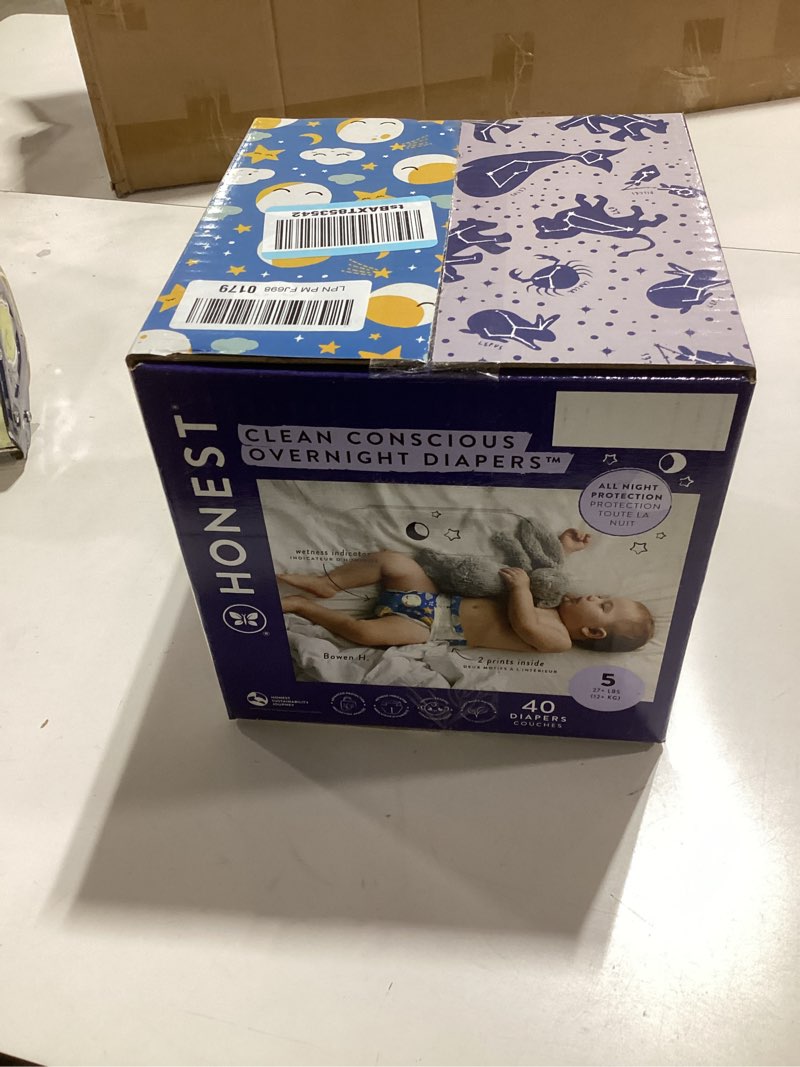 Condition photo showing New/Like New for The Honest Company Clean Conscious Overnight Diapers for Sensitive Skin, Hypoallergenic Fragrance-Free Baby Diapers, Cozy Cloud and Star Signs Design, Club Box, Size 5 (27+ lbs), 40 Count Size 5 40