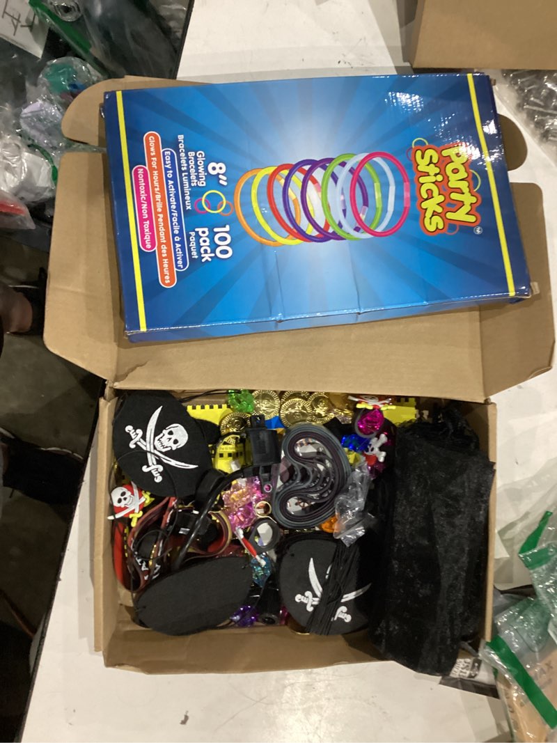 Condition photo showing As Is for 144 pcs pirate party favors supplies include pirate bracelet nautical tattoo button pin eye patch gold coin gem ring mustache organza bag for kids boy pirate birthday party goodie bag fillers