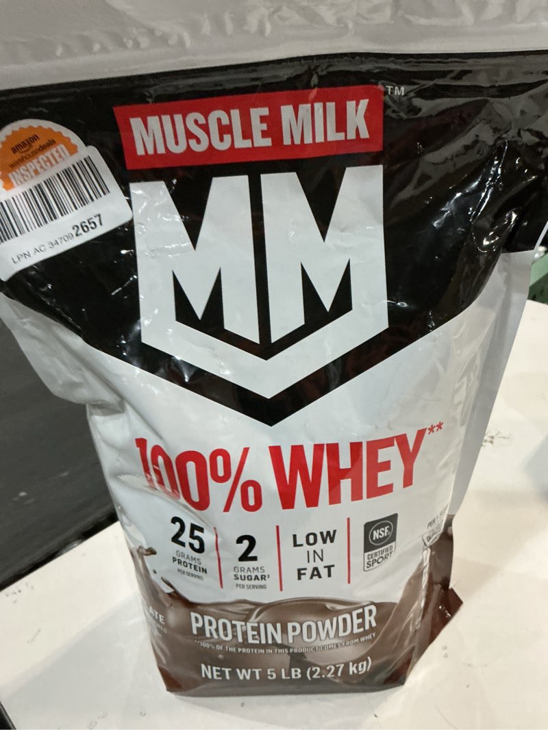 Condition photo showing New/Like New for ( BD 04/29/26). Muscle Milk 100% Whey Protein Powder, Chocolate, 5 Pound, 66 Servings, 25g Protein, 2g Sugar, Low in Fat, NSF Certified for Sport, Energizing Snack, Workout Recovery, Packaging May Vary Chocolate 5 Pound (Pack of 1)
