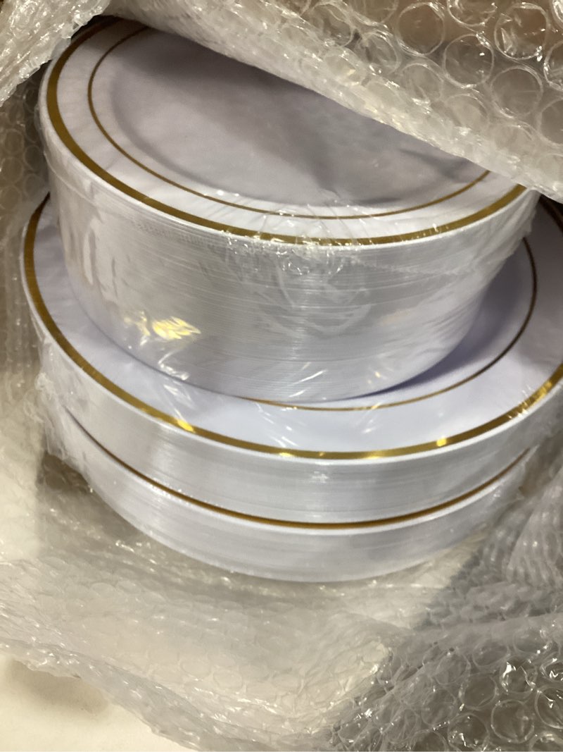 Condition photo showing Good Condition for wdf 120 pieces gold disposable plastic plates - white and gold plates include 10.25" dinner plate & 7.5" salad plate for party baby shower wedding spring gold 120pcs