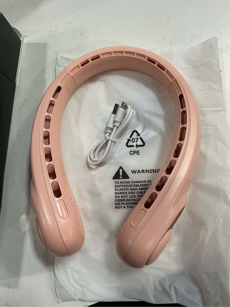 Condition photo showing As Is for kidee portable neck fan, neck fans rechargeable for women men, 4000mah personal bladeless fan, upgraded cooling air volume, ultra quiet wearable fan pink