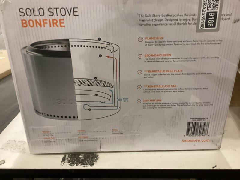 Condition photo showing New/Like New for Solo Stove Bonfire 19.5" Smokeless Fire Pit with Removable Ash Pan | Portable Outdoor Fire Pit | Stainless Steel - Wood Burning Lightweight Fireplace | Ideal for 4-6 People, 20 lbs BONFIRE Silver