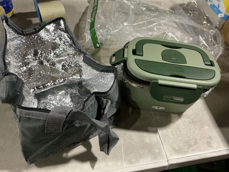 Condition photo showing As Is for heated lunch box, 80w electric lunch box with two 1.5l stainless steel interchangeable containers and lids, 12v/24v/110v food warmer with utensils and insulated bag for car/truck/office (green)