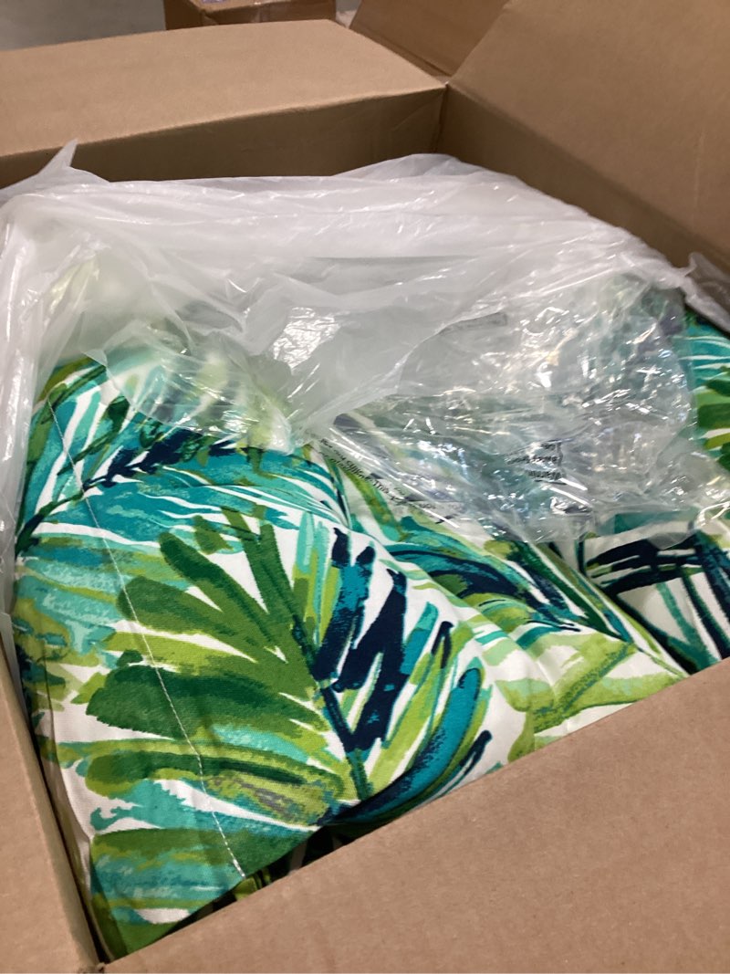 Condition photo showing As Is for Patio Tufted High Back Chair Cushion 2 Count, Waterproof Fade Resistant Indoor Outdoor Deep Seating Rocking Chair Swing Seat/Back Cushions - Green Palm Leaves