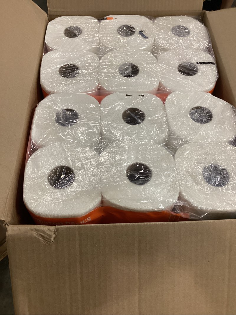 Condition photo showing New/Like New for amazon basics 2-ply flex-sheets paper towels, 12 basics rolls = 40 regular rolls, everyday value with 150 sheets per roll, packaging may vary