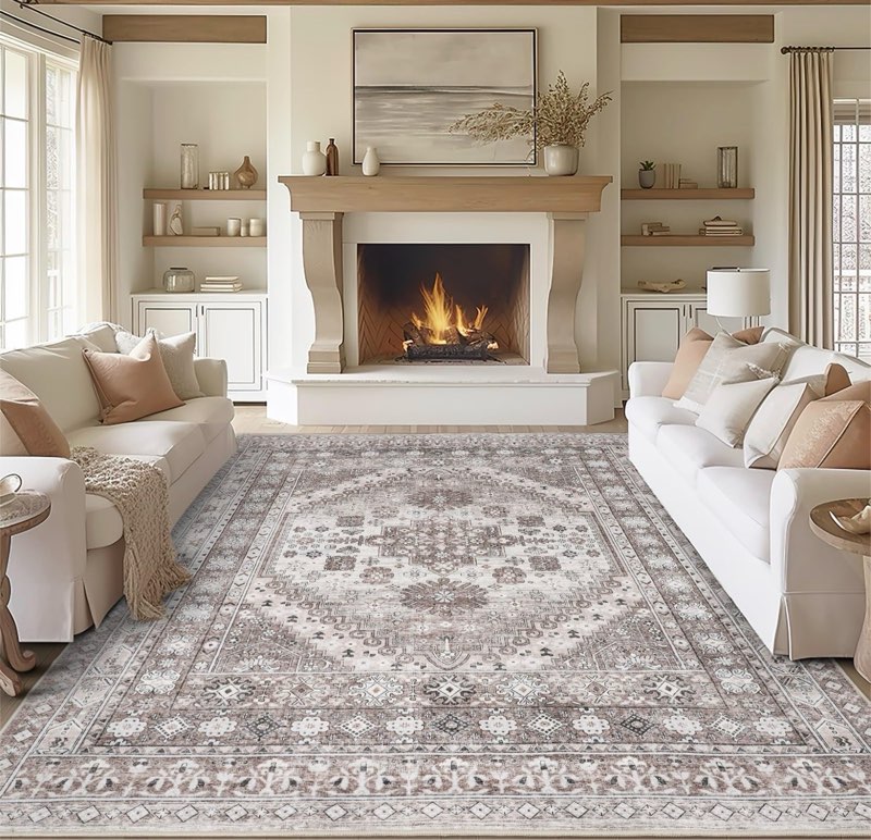 zesthome 7x9 Area Rug, Super Soft Washable Rugs for Living Room, Non-Slip Stain Resistant Vintage Rugs, Ultra-Thin Large Area Rugs (Brown/Beige,7'x9')
