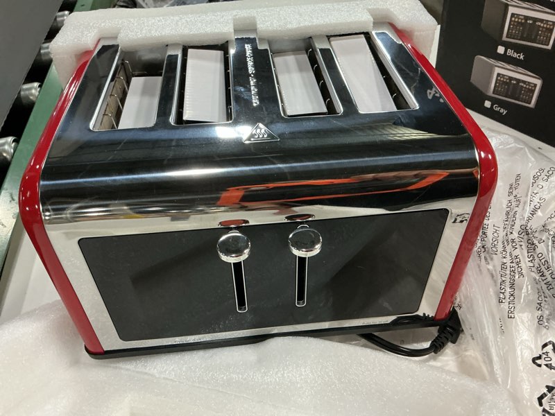 Condition photo showing New/Like New for 4 slice toaster touch screen, stainless steel toasters digital timer, dual control panel toasters, 8 shade settings 6 bread types for bagel, cancel, defrost 1650w red