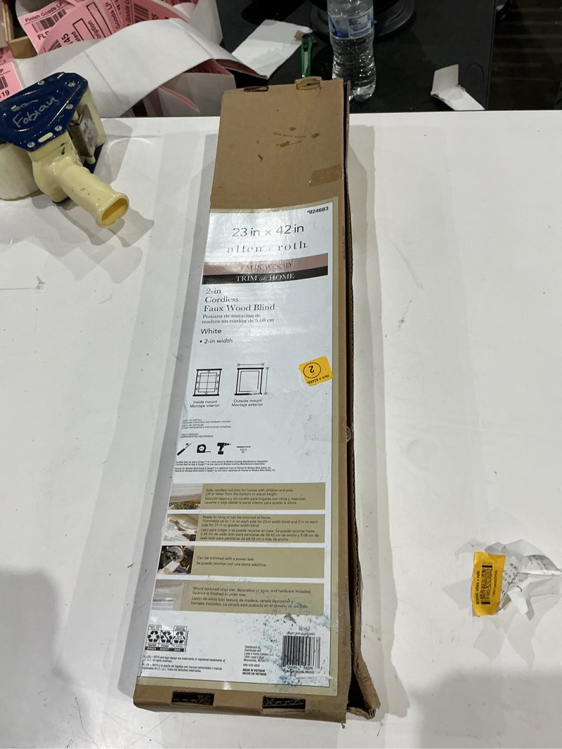 Condition photo showing As Is for allen + roth trim at home 2-in slat width 23-in x 42-in cordless white faux wood room darkening horizontal blinds