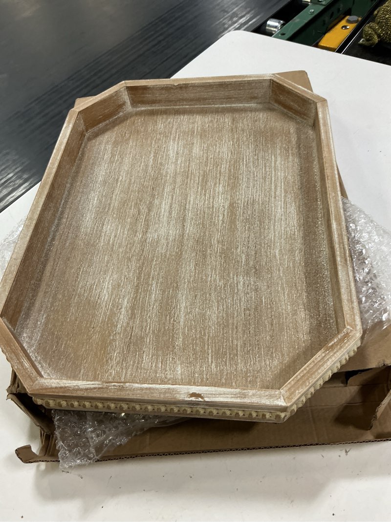 Condition photo showing Good Condition for maoname wood serving tray, farmhouse wooden tray for coffee table, octagonal beaded trays, washed white decorative trays for living room, kitchen, 15.7" x 10.2" x 1.6" 15.8" x 11.8" x 1.6" octagonal -wash white