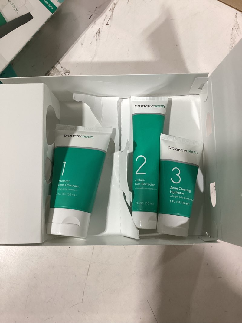 Condition photo showing Good Condition for Proactiv Clean 3 Step Acne Routine w/ Pimple Patches- Sulfur Acne Treatment Cleanser, Azelaic Acid Serum, and Facial Moisturizer for Sensitive, Acne-Prone Skin- 30 Day Acne Kit with Pimple Patches