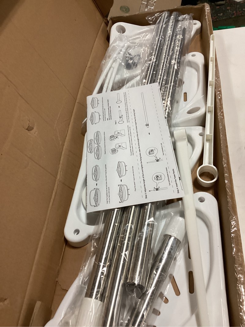 Condition photo showing Good Condition for ADOVEL 4 Layer Corner Shower Caddy, Stainless Steel Constant Tension Pole Shower Organizer, Adjustable Corner Shower Shelf, Rustproof 3.3 to 9.8 ft White