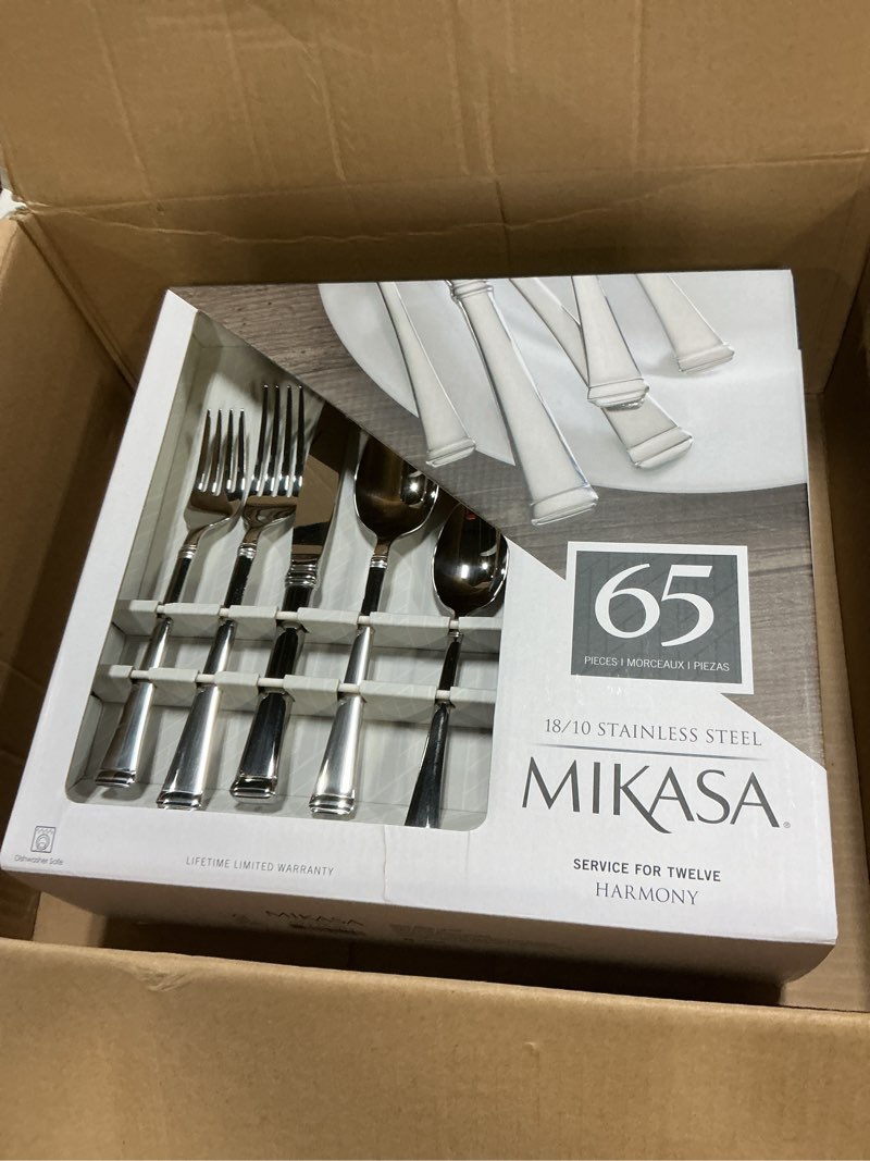 Condition photo showing New/Like New for Mikasa Harmony 65-Piece 18/10 Stainless Steel Flatware Set, Service for 12, Polished Silverware with Serving Utensils, Dishwasher Safe 65 Piece Set Harmony