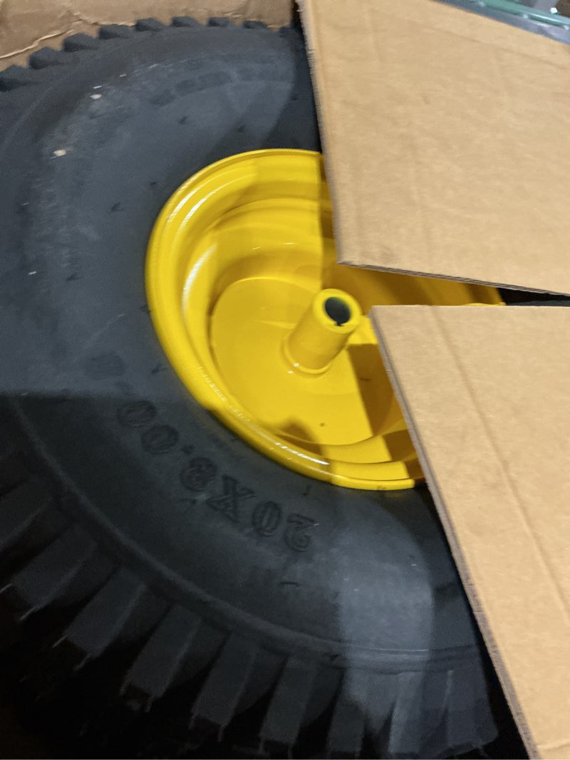 Condition photo showing Good Condition for (2-pack) 20x8.00-8 rear tire and wheel assemblies - 4 ply tubeless tire compatible replacement for riding lawn mowers - 3/4" borehole, 3.5" offset hub and 3/16" keyway 20 x 8.00-8" tubeless (offset hub) yellow