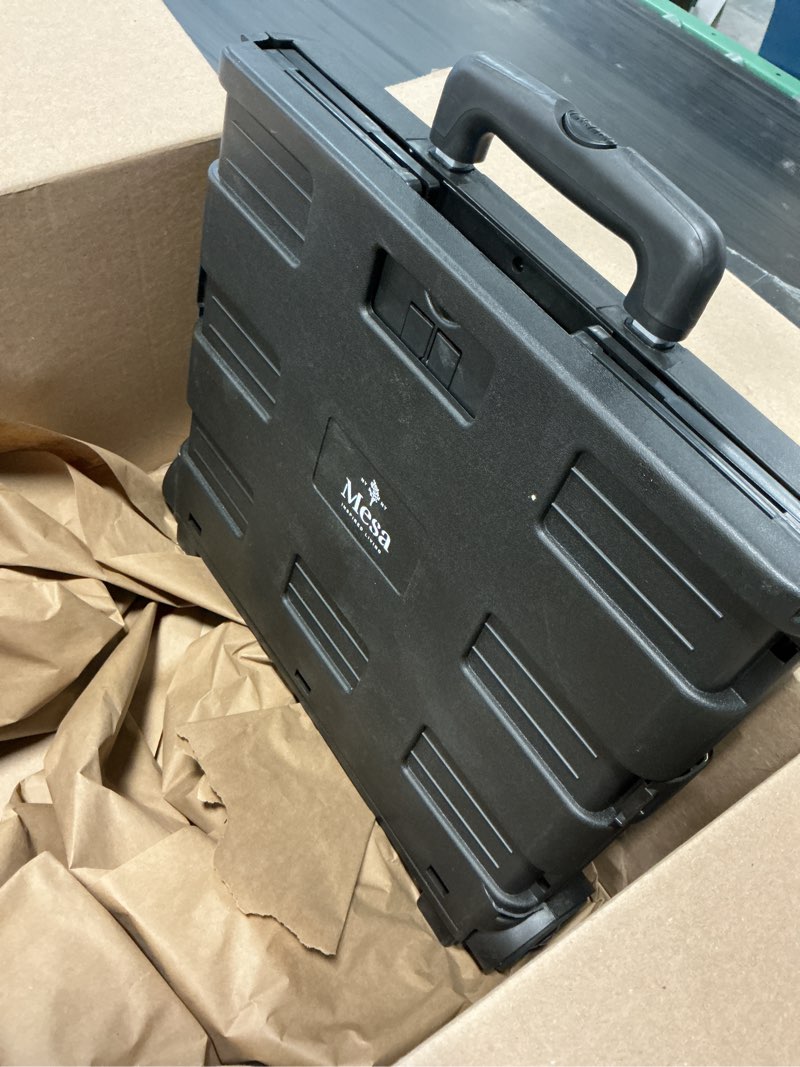 Condition photo showing As Is for rolling foldable plastic crate with telescopic handle and 3-in. wheels