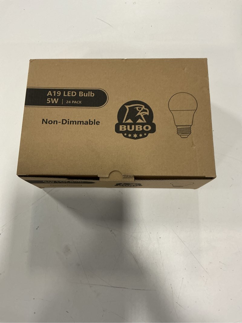 Condition photo showing New/Like New for BUBO A19 LED Light Bulbs, 40 Watt Equivalent LED Bulbs, Daylight 5000K, 550 Lumens, E26 Standard Base, Non-Dimmable, 5W Daylight LED Bulbs for Bedroom Living Room Home Office, 24 Pack 24 Pack Daylight