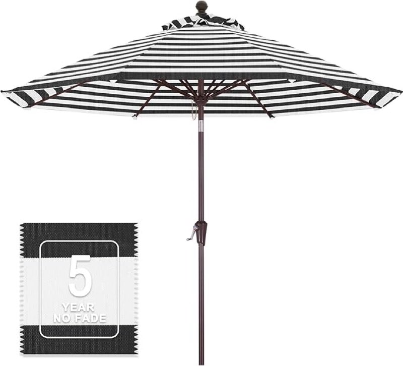 mastercanopy olefin 5-year-non-fading 9ft patio umbrella with tilt and crank, large uv resistant outdoor table umbrella with 8 fiberglass ribs for deck, yard & market, black & white 9ft black & white