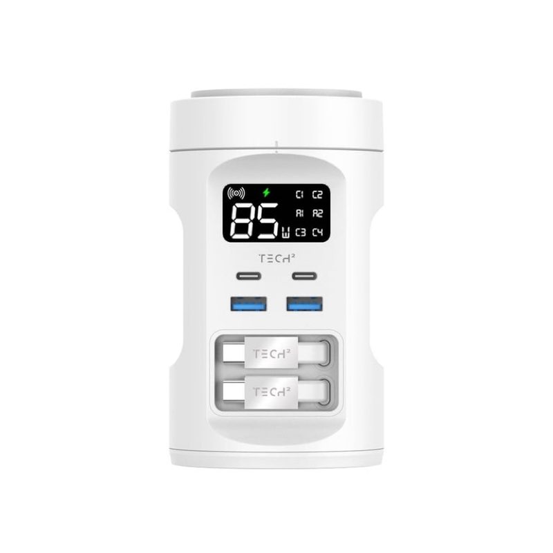 Tech Squared Power Tower with Qi2 Wireless Charging and Retractable Cords