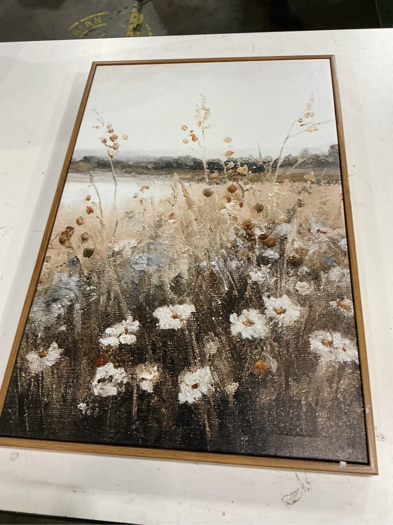 Condition photo showing Good Condition for kbkbart vintage wall art framed, retro countryside autumn wildflower field landscape canvas painting farmhouse decor wall art, rustic fall landscape bathroom wall decor for bedroom living room, country field 16"l x 24"w