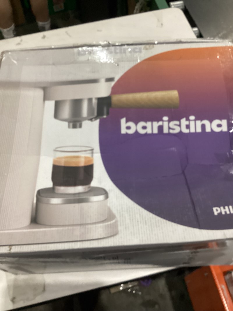 Condition photo showing As Is for Philips Baristina Espresso Machine - Real espresso, made simple. Compact coffee machine, natural white with ash wood portafilter, 16 bar pump pressure, automatic grinder, Cafe Crema (BAR302/20) Espresso Machine White w/Wood Handle