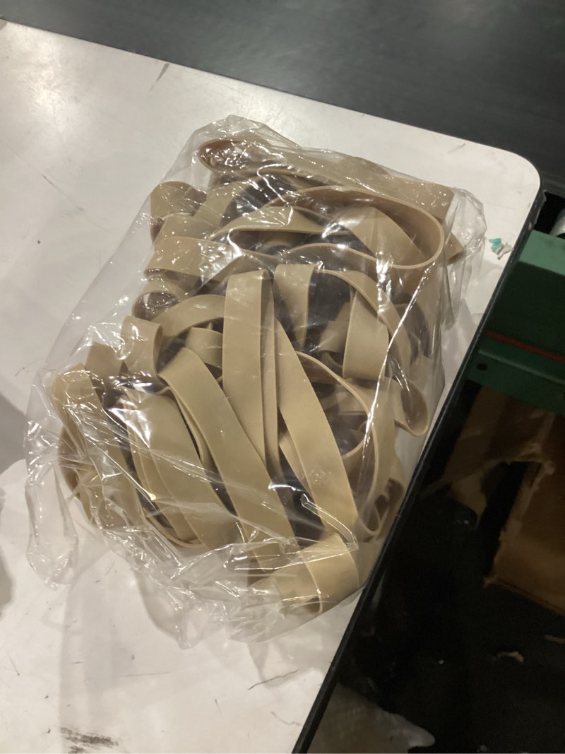 Condition photo showing New/Like New for alliance rubber 27055 advantage rubber bands size #105, 1 lb box contains approx. 60 bands (5" x 5/8", natural crepe) beige 1 pounds