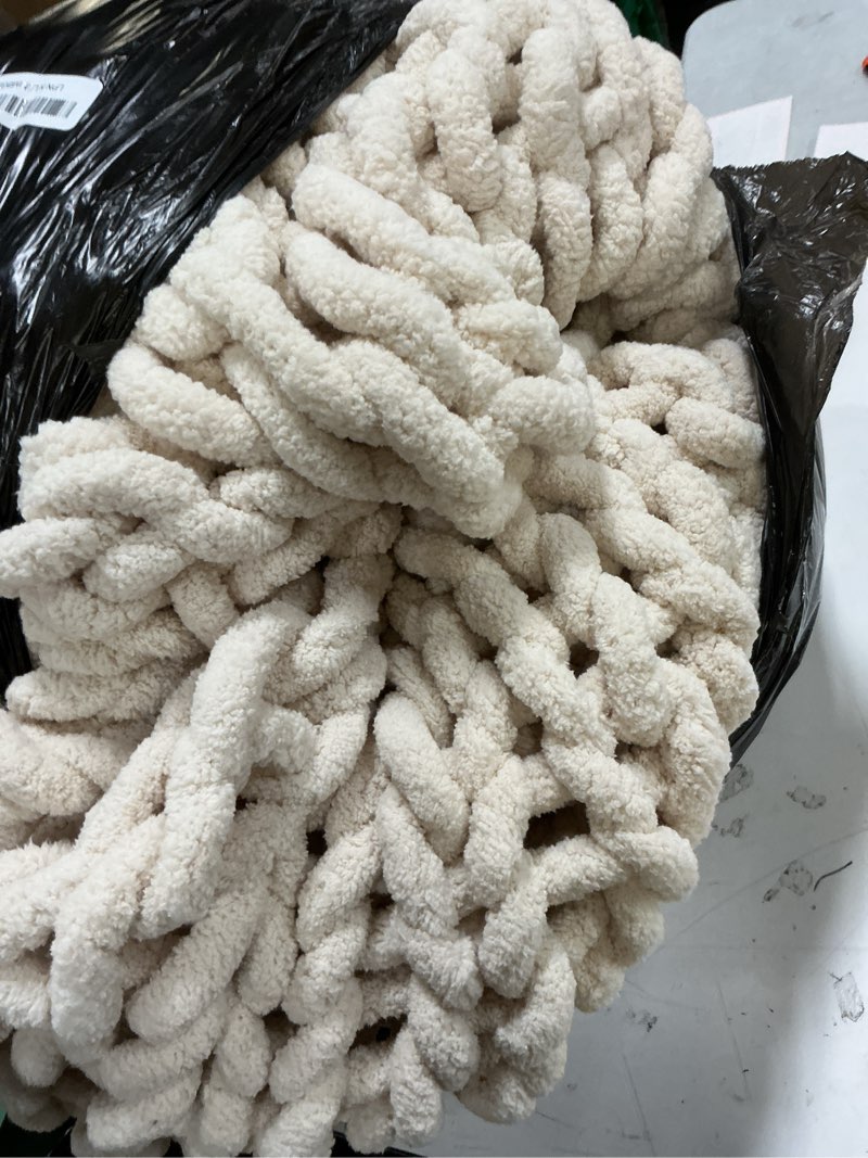 Condition photo showing As Is for Admitrack Chunky Knit Blanket Throw, 100% Hand Knit Chenille Throw Blanket for Sofa & Home Decor, Soft and Cozy Knitted Throw Blankets (Ivory, 60"x80") Ivory 60"×80"