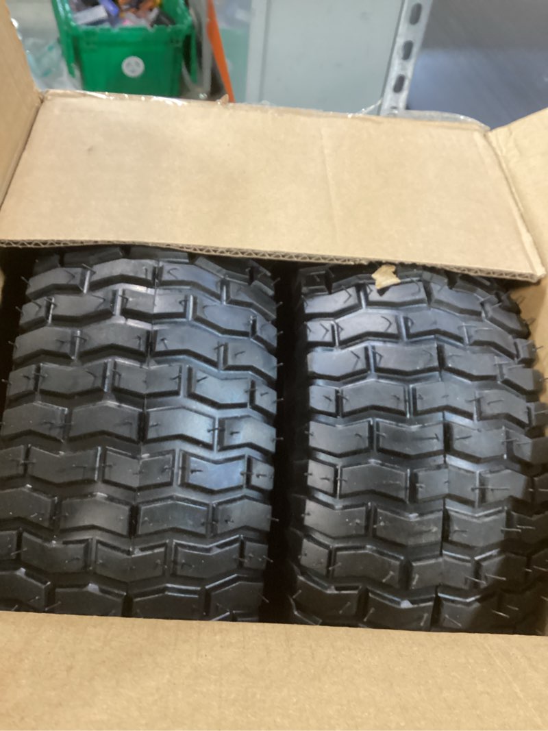 Condition photo showing New/Like New for 15x6.00-6 lawn mower tires, 4 ply tubeless 15x6-6 front tire assembly replacement for john deere craftsman husqvarna riding mowers, 500lbs capacity, 3" centered hub, 3/4" bushing, 2 pack