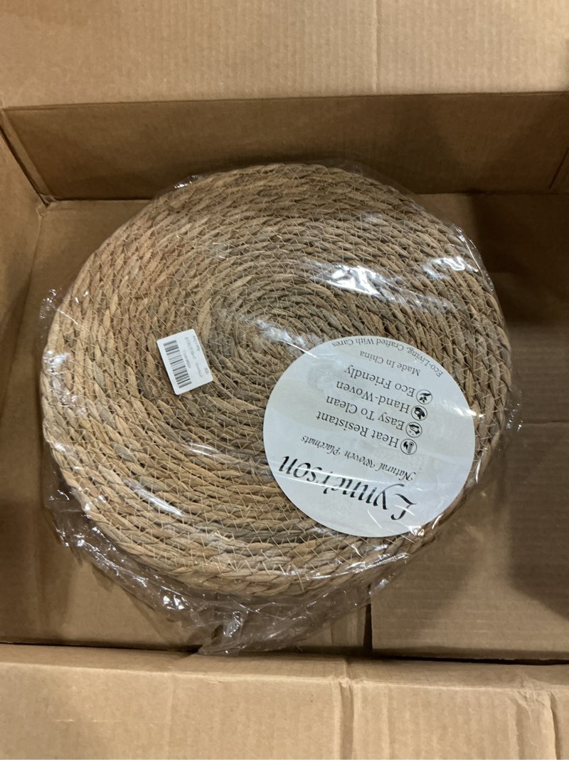 Condition photo showing Good Condition for round woven placemats set of 8, 13.7 inch boho farmhouse rattan placemats rustic braided wicker table place mats chargers for dinner plates 13.7 inch set of 8