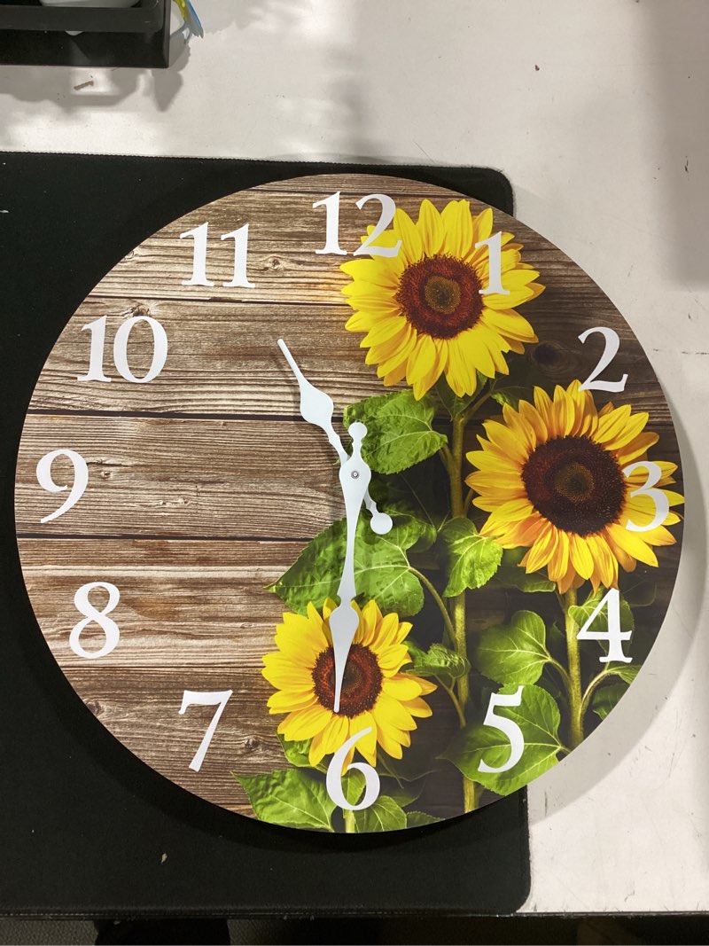 Condition photo showing As Is for sunflower kitchen decor round wall clock 12 inch silent non ticking battery operated wood clock for bedroom bathroom living room sunflower 12"