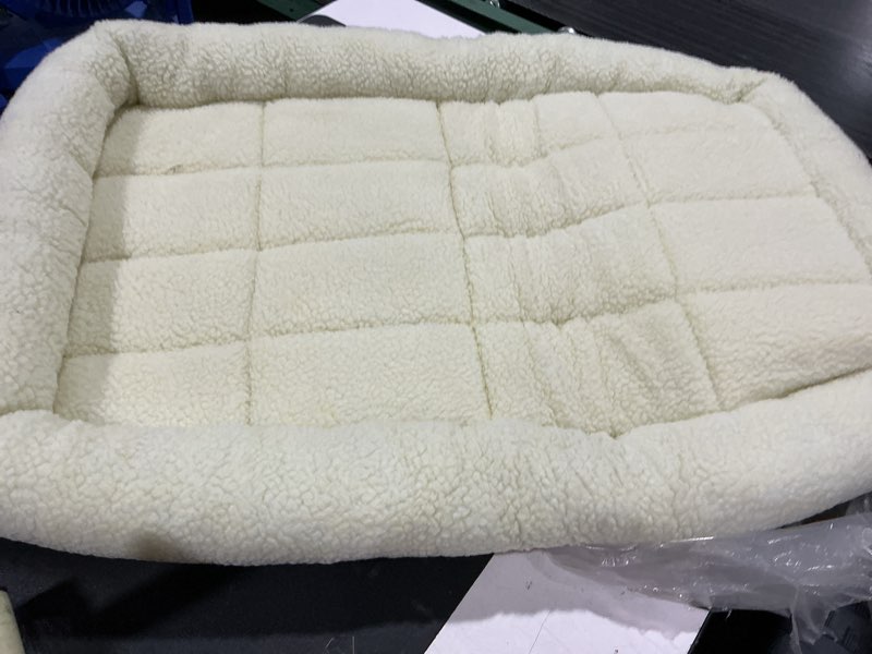 Condition photo showing Good Condition for furhaven dog bed for medium/small dogs & indoor cats, 100% washable, sized to fit crates - sherpa fleece bolster crate pad - gray, medium medium beige
