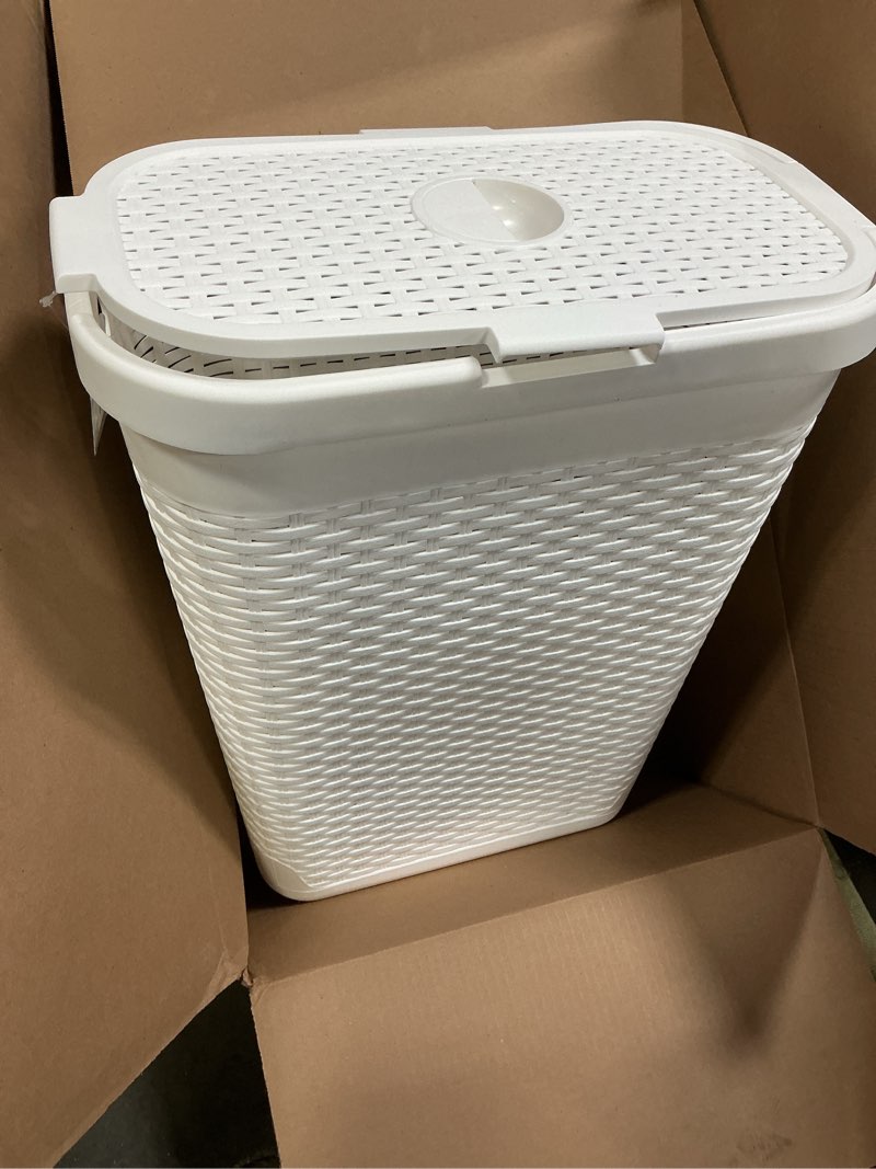 Condition photo showing As Is for mind reader slim laundry hamper with lid, 40l clothes basket, premium wicker design, plastic, white white single