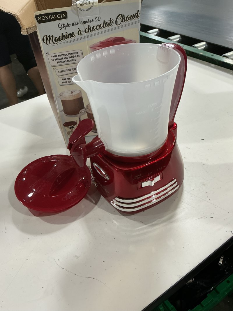 Condition photo showing As Is for nostalgia retro frother and hot chocolate maker and dispenser, 32 oz, for coffees, lattes, cappuccinos, red