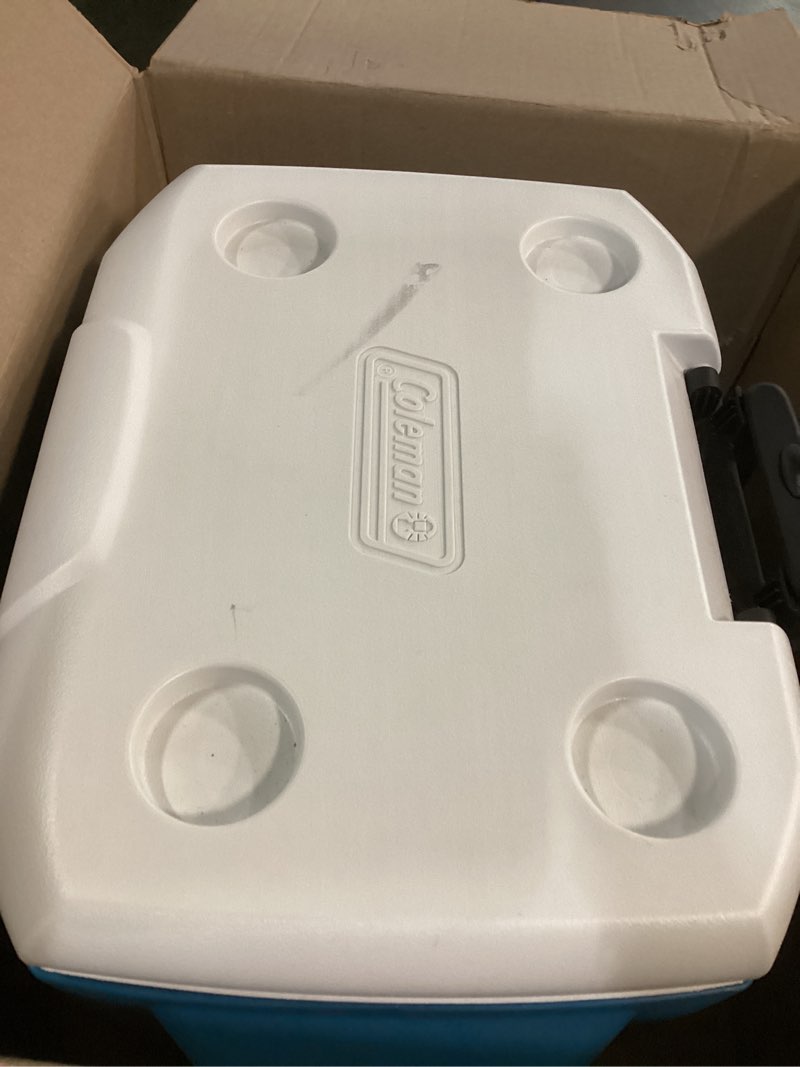 Condition photo showing As Is for Coleman 60qt Rolling Cooler with Wheels, Insulated Portable Wheeled Chiller with Ice Retention, Made in USA