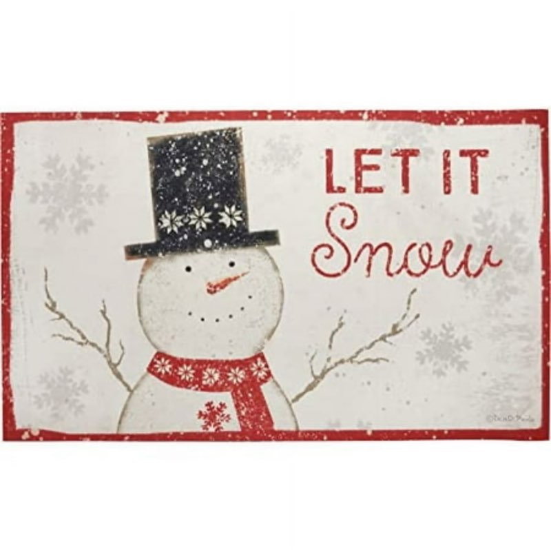 A polyester rug from our Christmas Collection displaying a nordic design of a smiling snowman among snowflakes with  Let It Snow  sentiment. Features skid-resistant PVC backing and is neatly rolled with a tag displaying full design. The Let It Snow rug is intended for indoor or sheltered outdoor use. Spot cleaning is recommended. Dimensions: 34  x 20