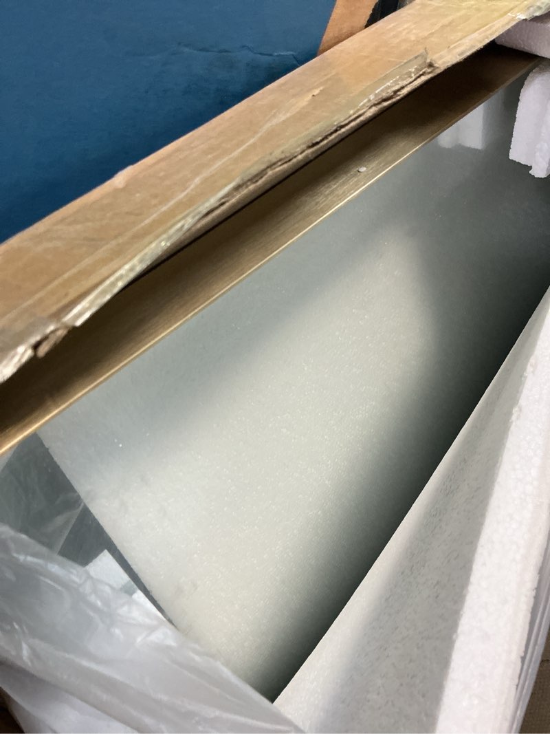 Condition photo showing Good Condition for loaao 24”x36” gold bathroom mirror, rounded rectangle gold frame mirror, brushed gold bathroom vanity mirror wall-mounted, anti-rust, hangs horizontally or vertically