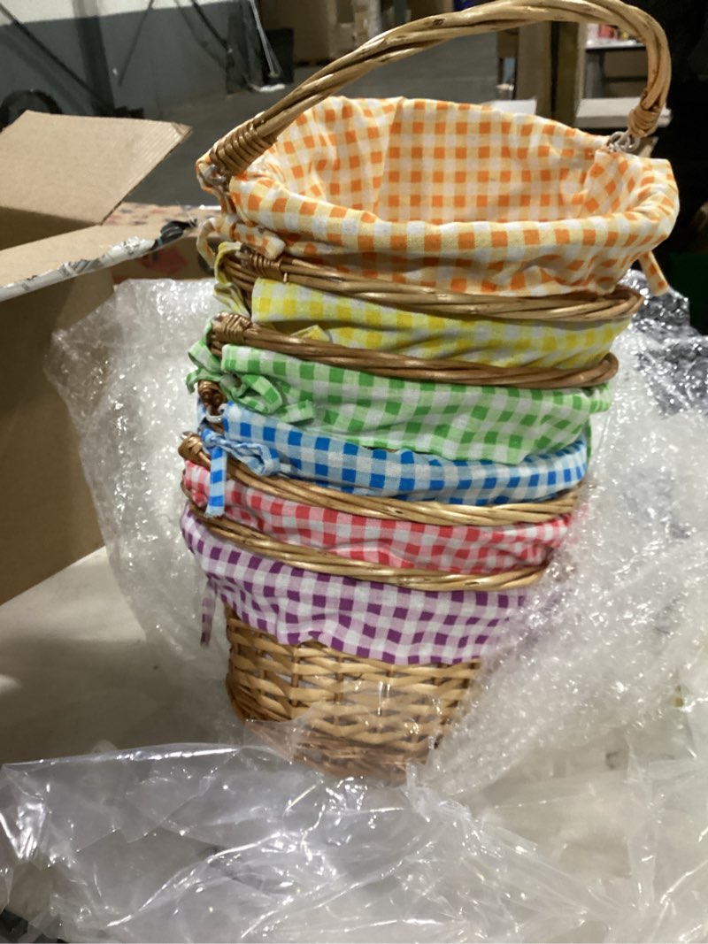 Condition photo showing As Is for cinnvoice 6 pcs easter baskets with handle and liner easter eggs hunt woven wicker baskets bulk empty for picnic party rattan gift baby's first egg hunt storage party supplies(colorful plaid)