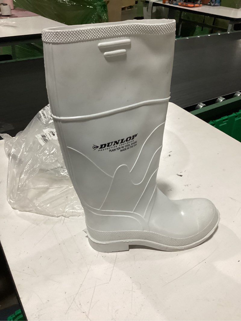 Condition photo showing New/Like New for dunlop white pvc plain toe - rubber boots for men & women - pvc - work & concrete boots - soft toe - waterproof with tall shaft - chemical and slip resistant - white - men’s size 8 women’s size 10