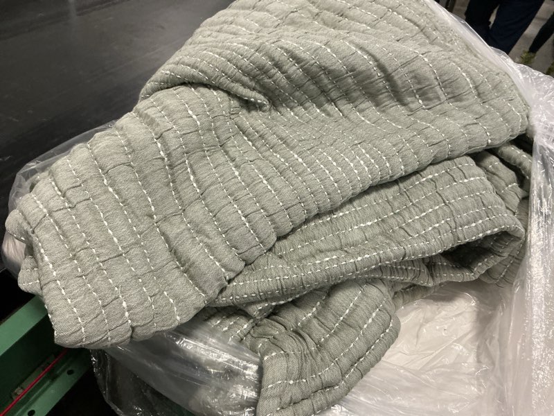 Condition photo showing As Is for organic cotton channel stitch coverlet, king/cal king, green