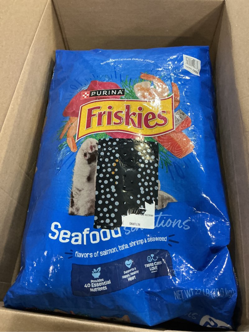 Condition photo showing New/Like New for (best by sep 2027) purina friskies dry cat food seafood sensations with salmon, tuna, and shrimp flavors - 22 lb. bag 22 pound (pack of 1)