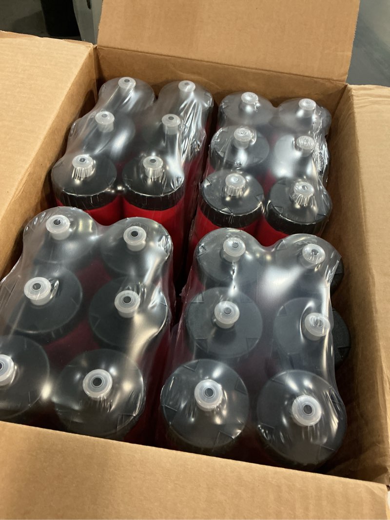 Condition photo showing New/Like New for 50 Strong Sports Water Bottles – Reusable 22 oz BPA-Free Plastic Bottles with Pull Top Cap – Made in USA – Top Rack Dishwasher Safe – Fits Most Bike Cages Brand 24 Pack Red