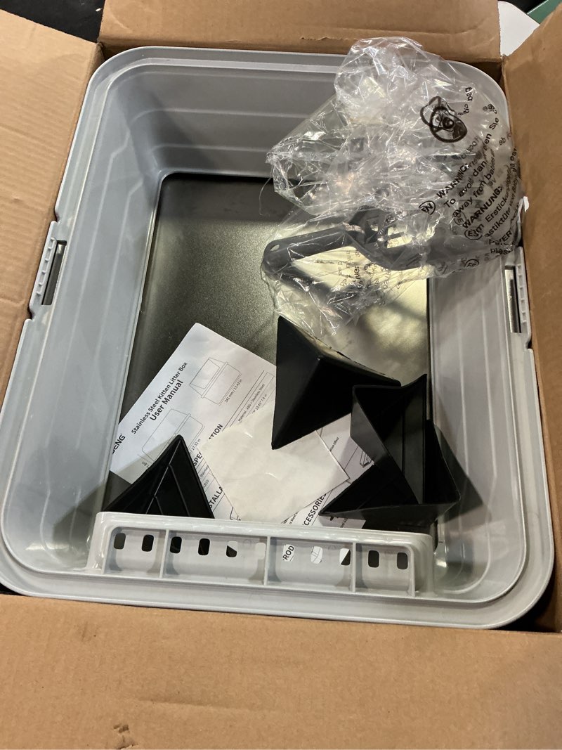 Condition photo showing Good Condition for stainless steel cat litter box, odor free metal litter box with high sides lid, open top low entry litter pan include scoop easy cleaning anti-scratch kitty cat box anti-urine leakage, non-sticky, m medium light grey(17.5 in)