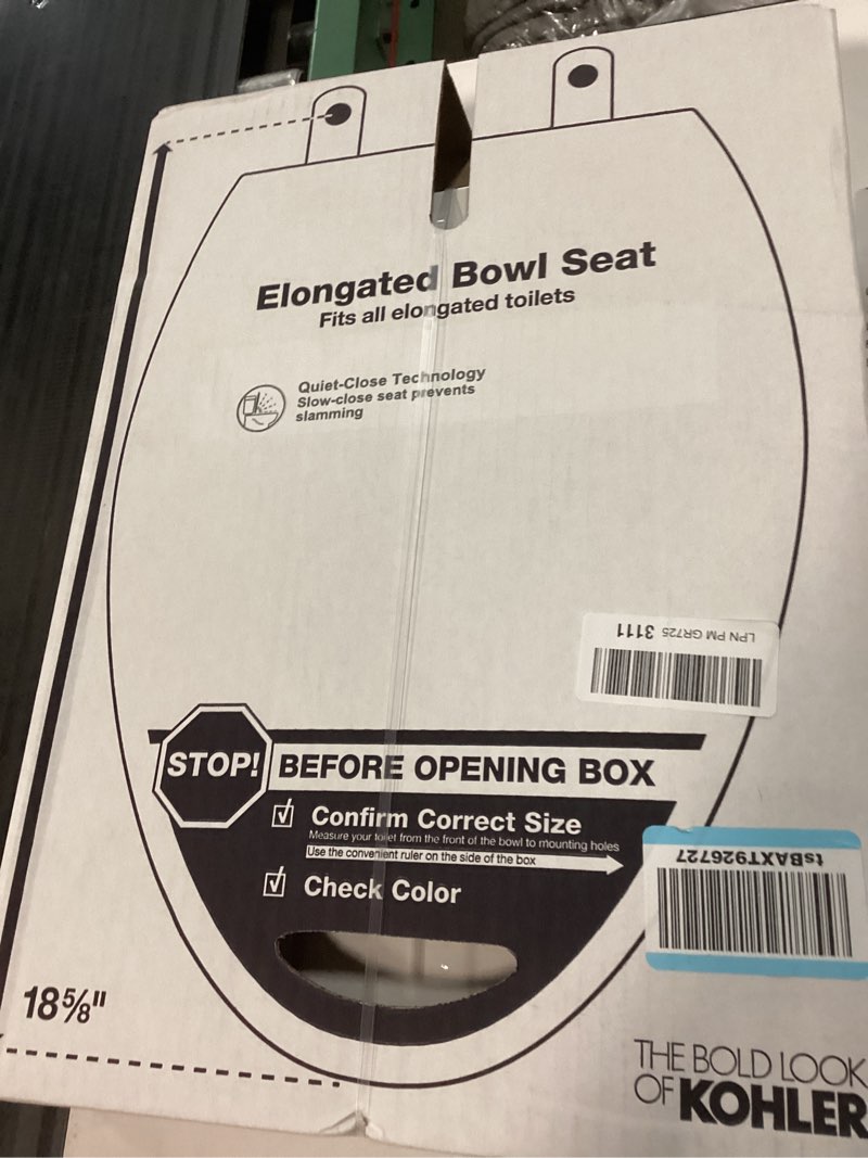 Condition photo showing New/Like New for kohler 20110-0 brevia, slow close toilet seat, elongated toilet seat, grip-tight bumpers quick-attach hardware, white white elongated quiet-close