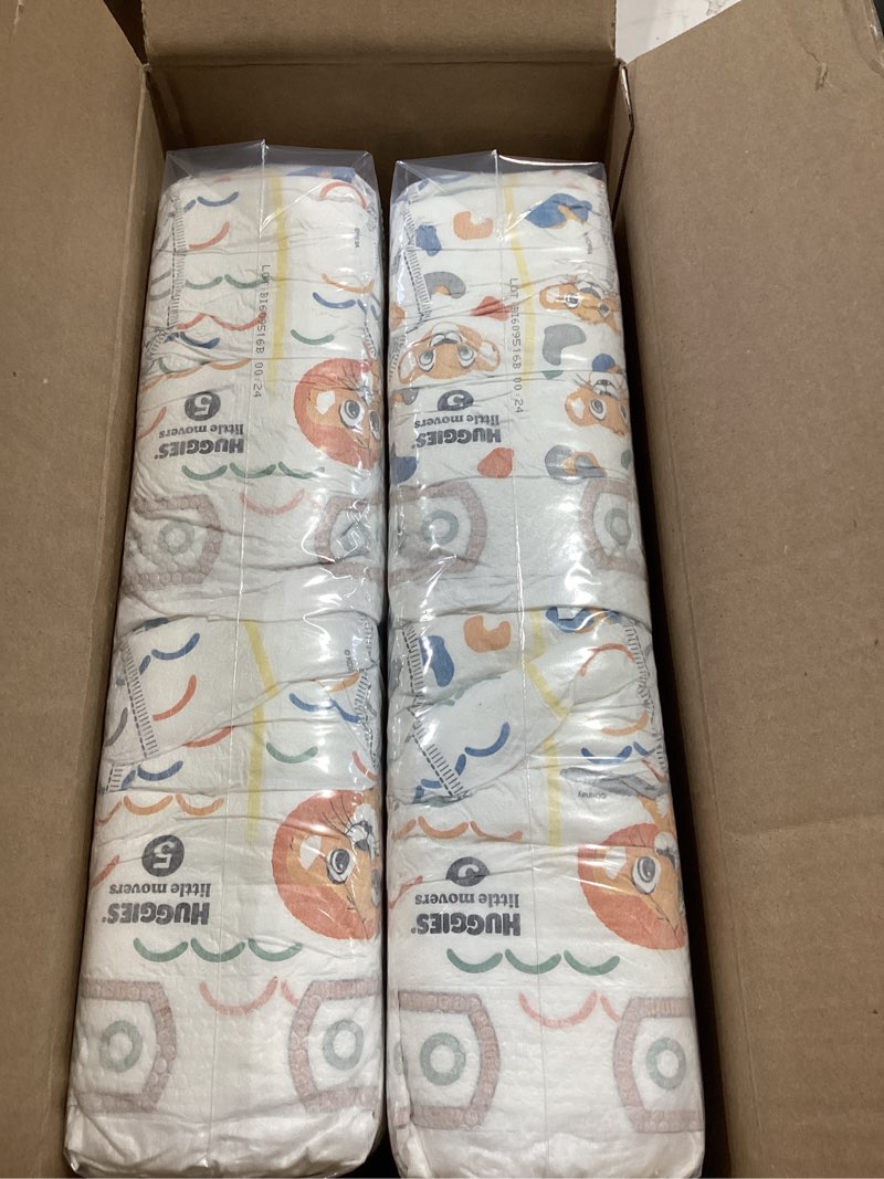 Condition photo showing New/Like New for huggies size 5 diapers, little movers baby diapers, size 5 (27+ lbs), 104 count, packaging may vary size 5 104