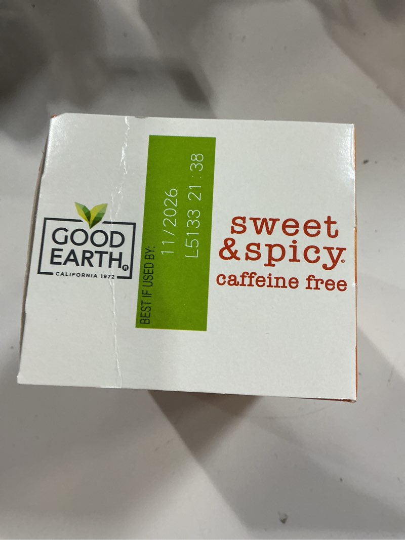 Condition photo showing New/Like New for Good Earth Herbal Tea, Sweet & Spicy, Caffeine Free, Packaging May Vary, 18 Count, Pack of 6 Sweet & Spicy Caffeine Free Herbal Tea 18 Count (Pack of 6)( BB 11/2026) 