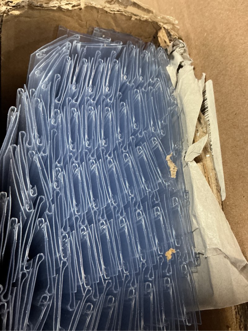 Condition photo showing Good Condition for shelf label strips with shelf talker grippers, 100 pack snap-in 1.25”h shelf strip price tag holder fits standard gondola shelf channel, clear plastic front and back sign holder for 48” long shelf