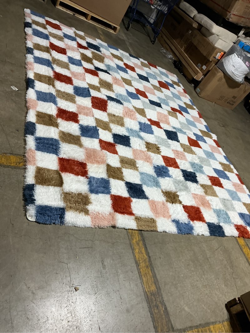 Condition photo showing Good Condition for super soft rug for bedroom, 8x10 ft rainbow area rug classic checkered shaggy rug anti-skid high pile soft fluffy fuzzy carpet for living room bedroom kids room nursery, dorm home decor rainbow 10' x 8' (rectangular)