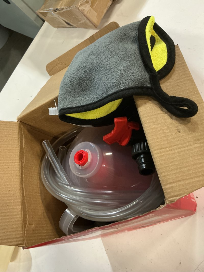 Condition photo showing As Is for 22-piece no-spill coolant filling funnel kit and siphon hose pump, radiator coolant filling spill-proof funnel kit with adapters, extensions, pvc hose, engine oil funnels, towel for universal vehicle 22 pcs - pro kit with siphon pump