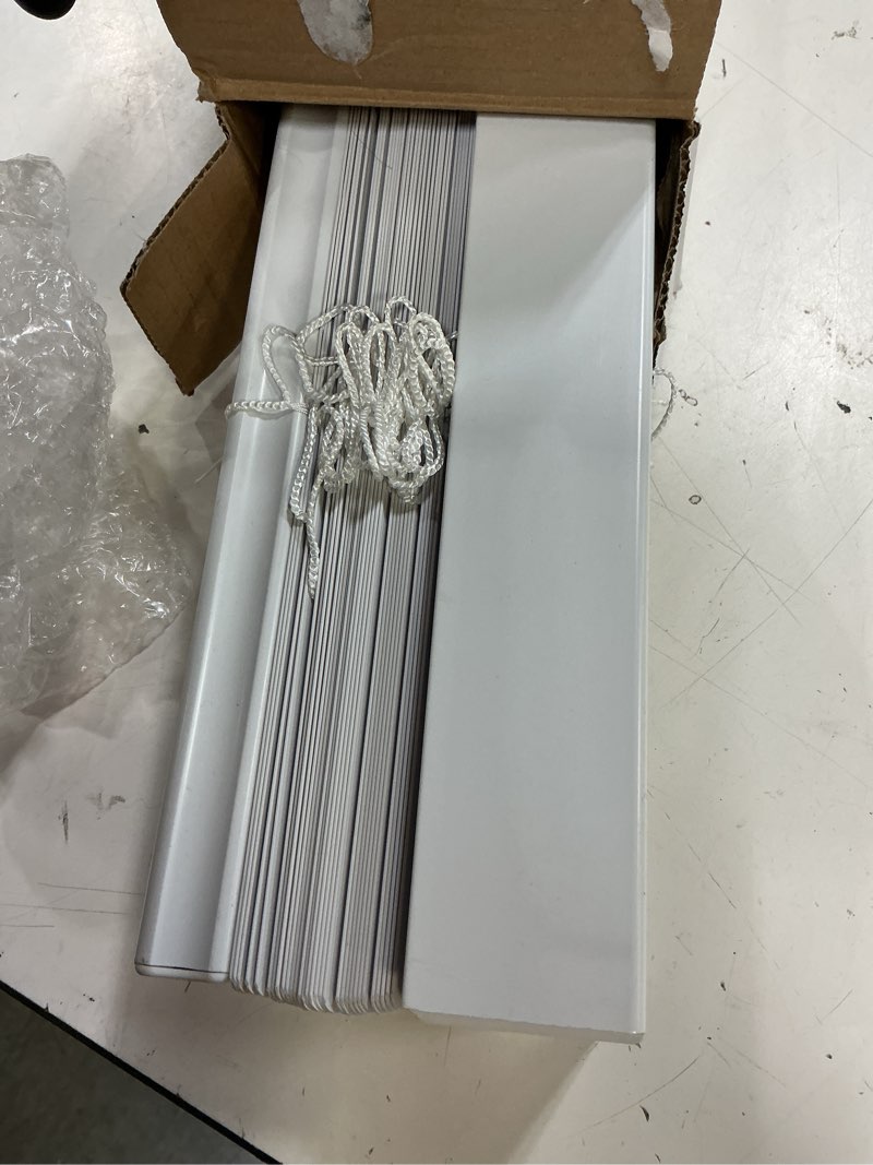 Condition photo showing As Is for project source premium 2-in slat width 34-in x 64-in cordless white vinyl room darkening horizontal blinds