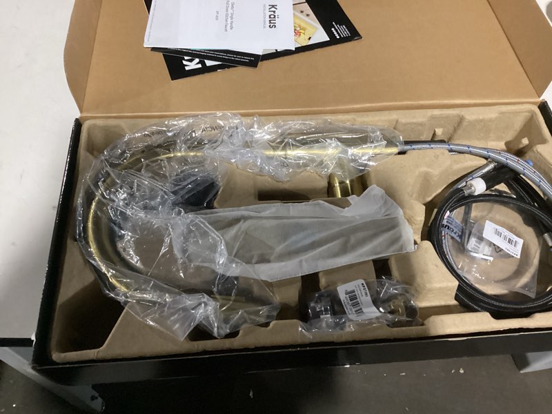 Condition photo showing As Is for KRAUS Oletto Single Handle Pull Down Kitchen Faucet with QuickDock Top Mount Installation Assembly in Spot-Free Brushed Brass, KPF-2620BB Brushed Brass Pull Down Faucet