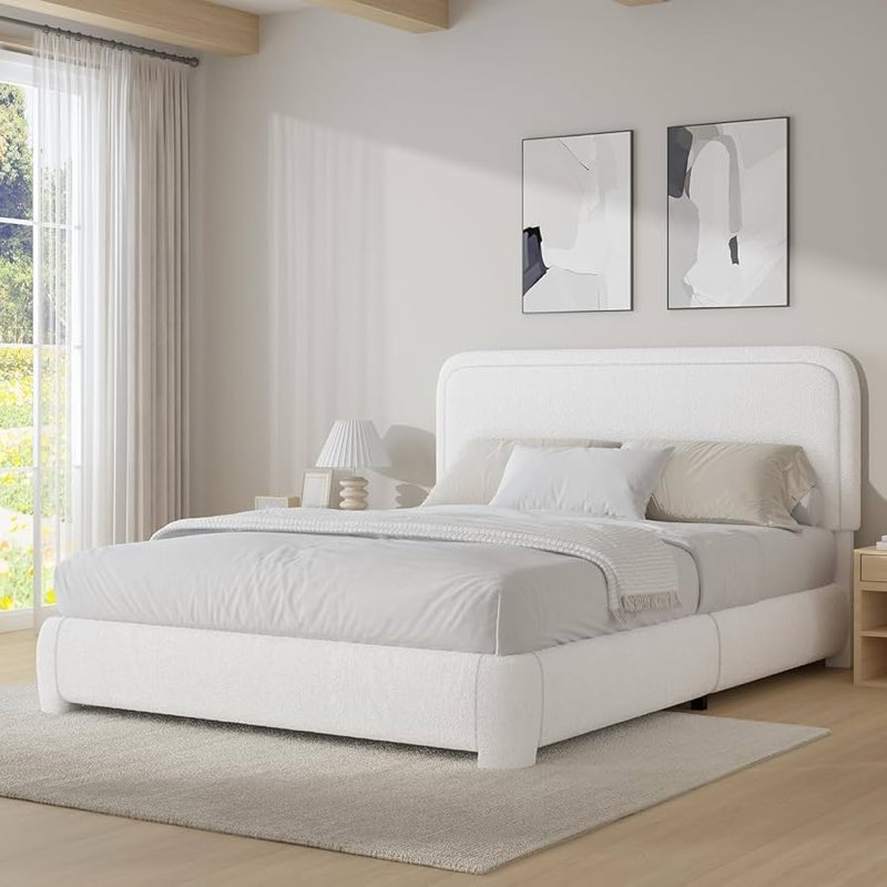 boucle upholstered platform bed frame with adjustable headboard & soft rounded corners queen
