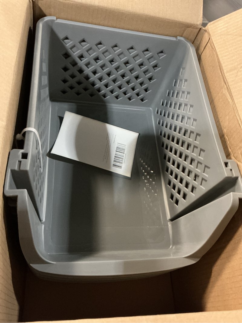 Condition photo showing Good Condition for tidyfriend 4 pack stackable storage bins open front for pantry organizers and storage, plastic storage bins for garage organization, garage storage bins for shelves, racks, tools & supplies (grey) grey 4 pack